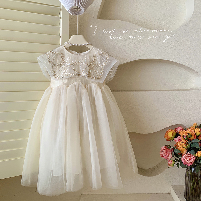 2024 summer new square collar heavy industry mesh stitching sleeveless vest skirt girls princess skirt gauze skirt dress