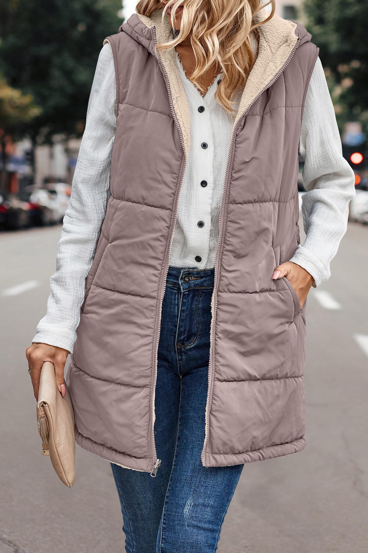 In stock 2023 new European and American solid color hooded cotton-padded vest double-sided warm cardigan windproof coat_voghion.com