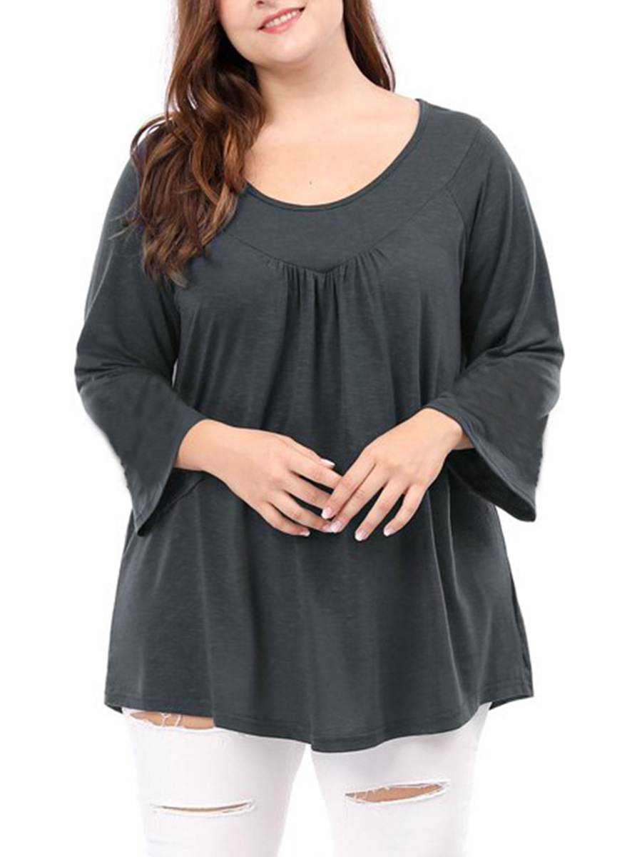  New Amazon AliExpress European and American Style Large Size Pleated Round Neck Loose Long Sleeve Top