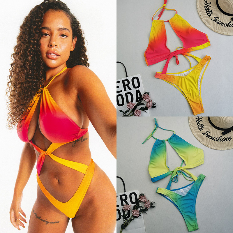 2024 New Large Size European and American Swimsuit Gradient Sexy Cross Gather One-piece Swimsuit