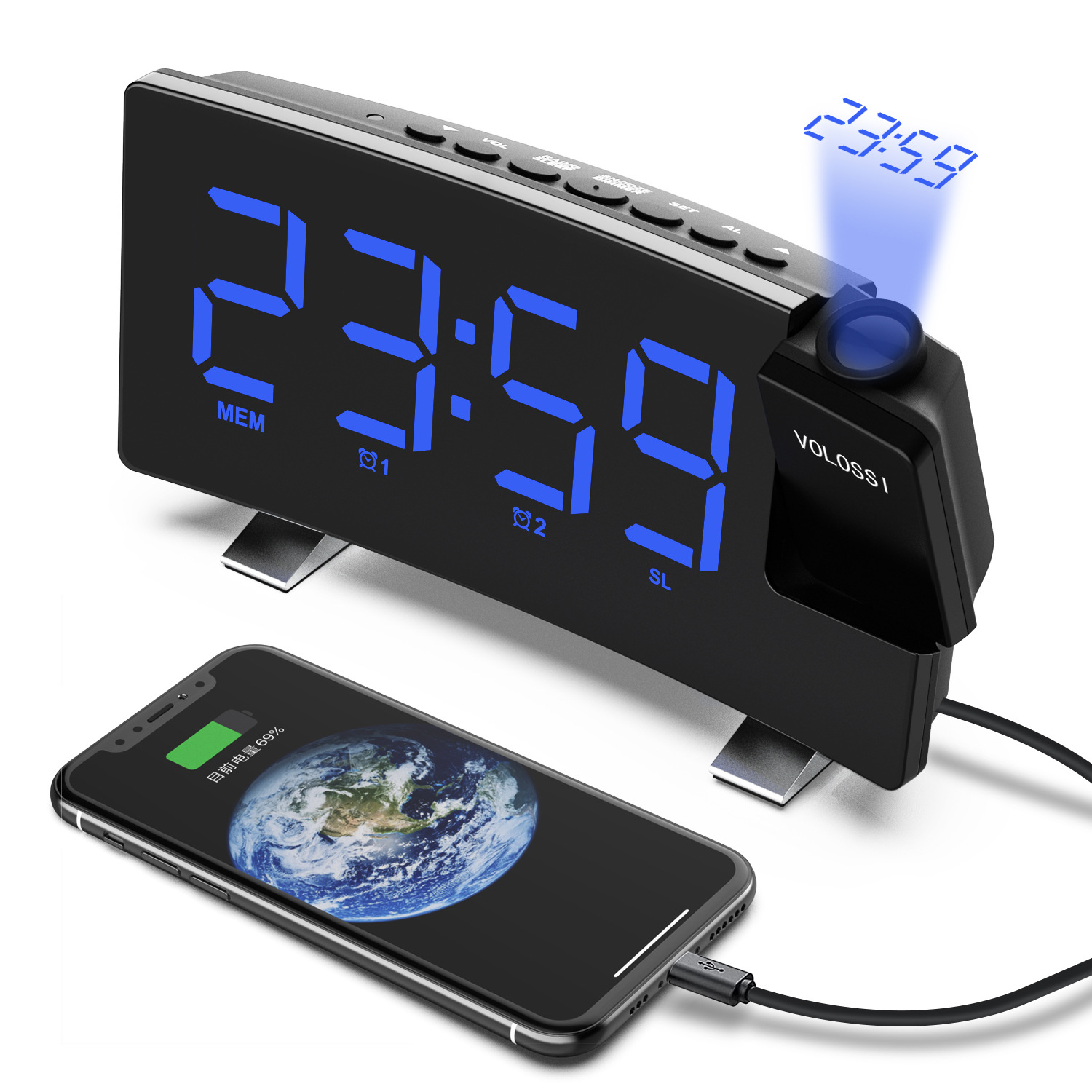 2022 hot new radio alarm clock USB charging always bright projection clock curved large screen desk clock