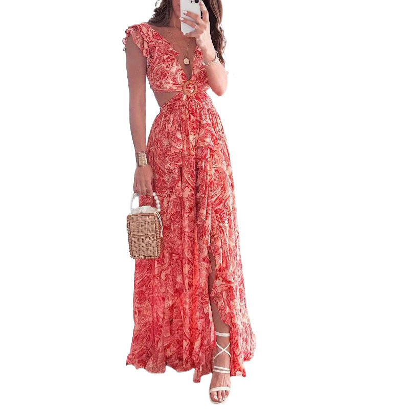 European and American Women's 2024 Cross-border Amazon Summer New Printed Deep V Sexy Waist Long Pleated Dress