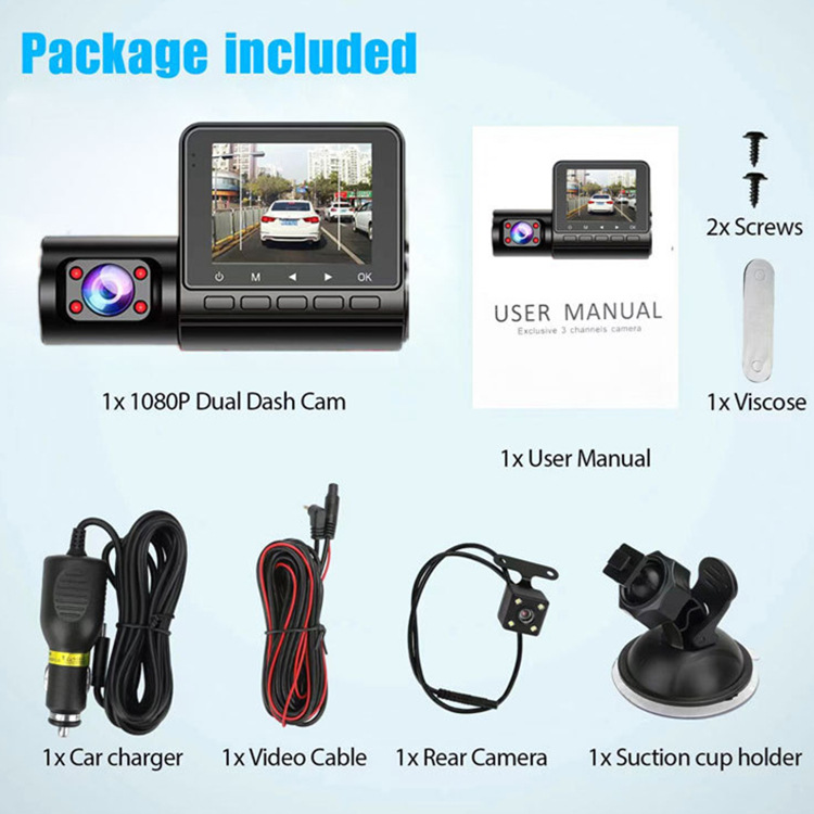 Three-recording driving recorder HD 1080P reversing image three-lens 360 adjustable car recording monitoring