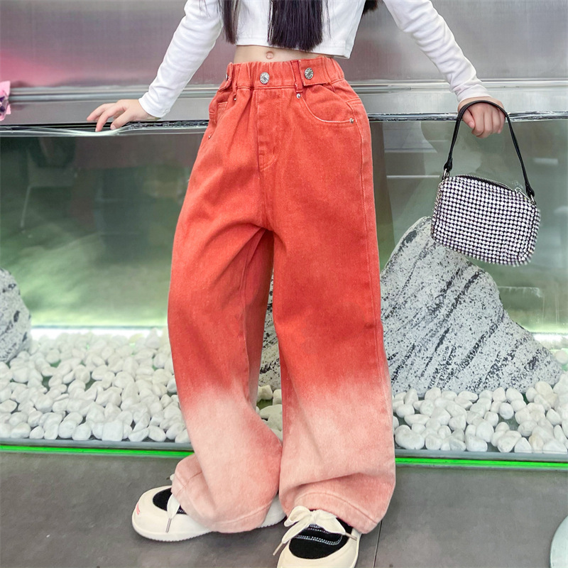 Girls' Pants Autumn Children's Jeans 2024 New Style Girl's Western Style Gradient Casual Wide Leg Pants