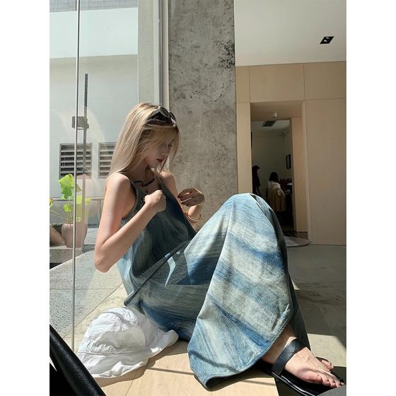 Summer New Spotted Denim Sling dress Women's Summer Design Niche Elegant Slimming Straight Dress