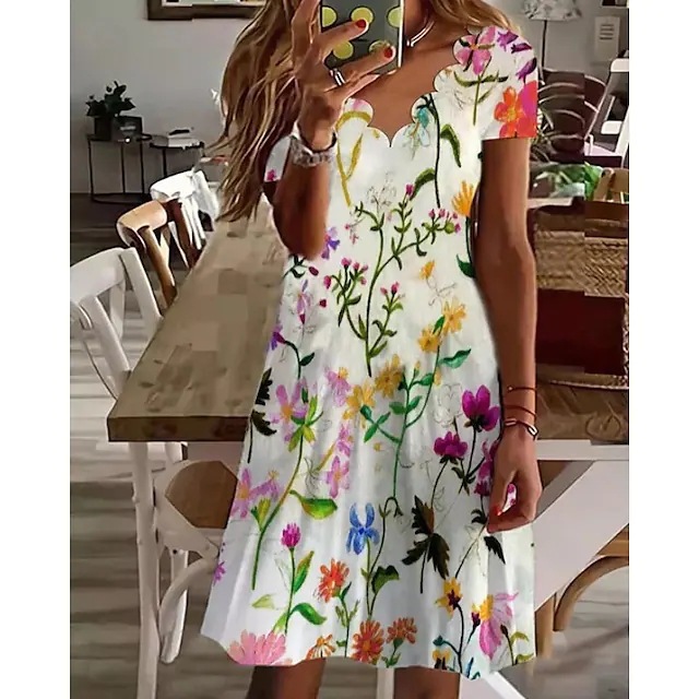 Amazon wish AliExpress independent station summer new European and American women's digital printing V-neck short sleeve dress