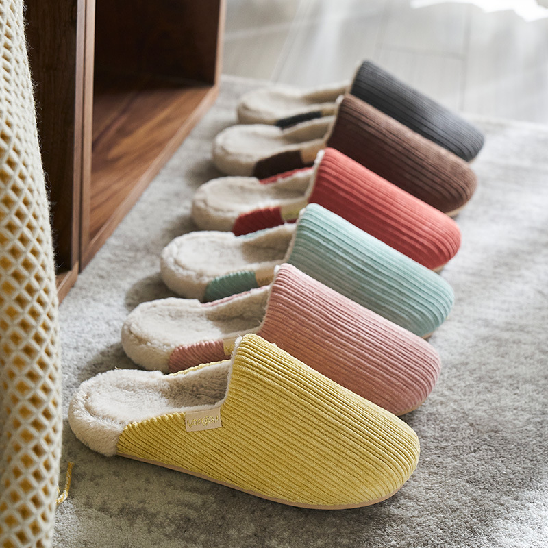 Yuangang Corduroy Cotton Slippers Women's Autumn and Winter Home Indoor Household Non-slip Warm Soft Bottom Floor Plush Slippers for Men