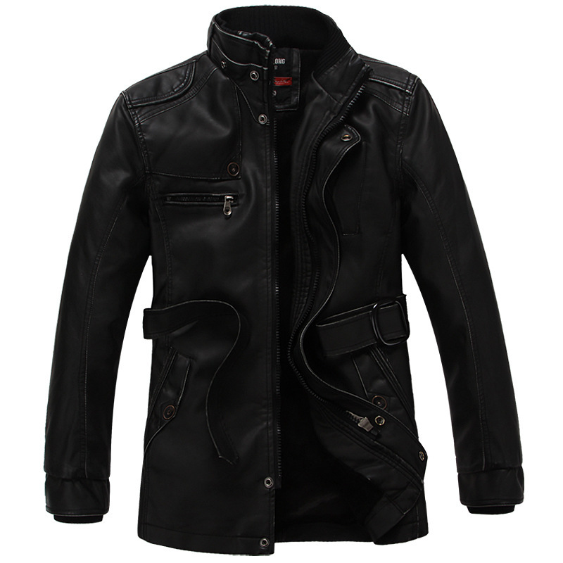 2023 autumn and winter men's mid-length slim-fit retro stand collar leather casual jacket jacket