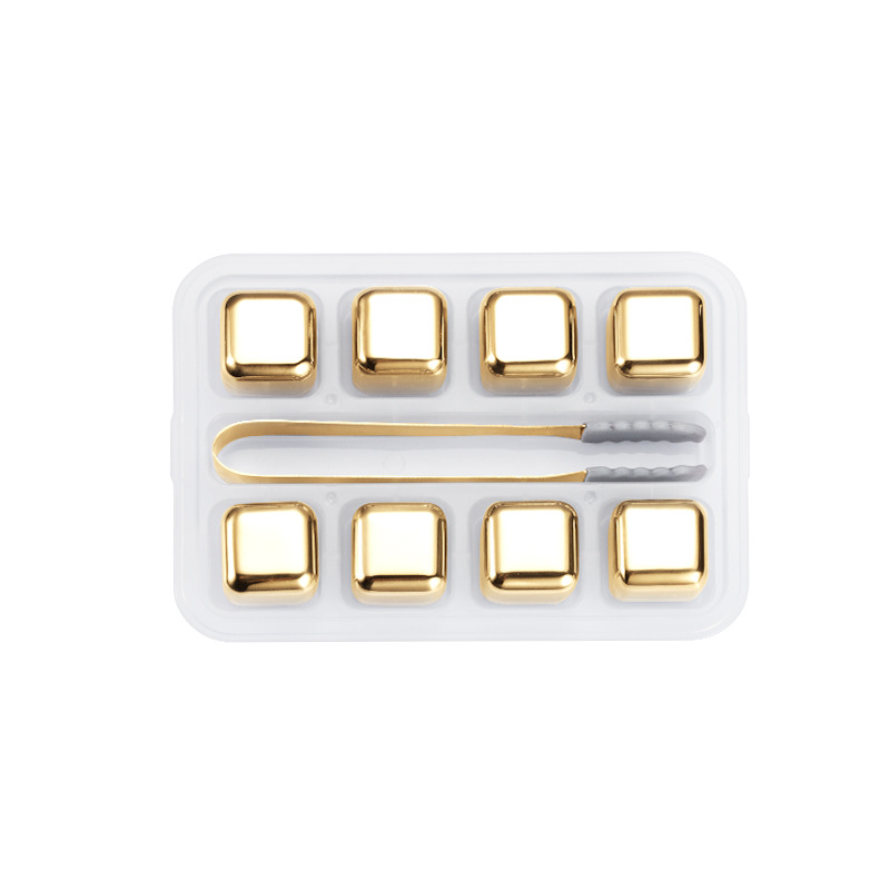 Golden 304 Stainless Steel Ice Cube Set Electroplated Metal Ice Wine Stone Whiskey Ice Ball Square 27mm Ice Grain