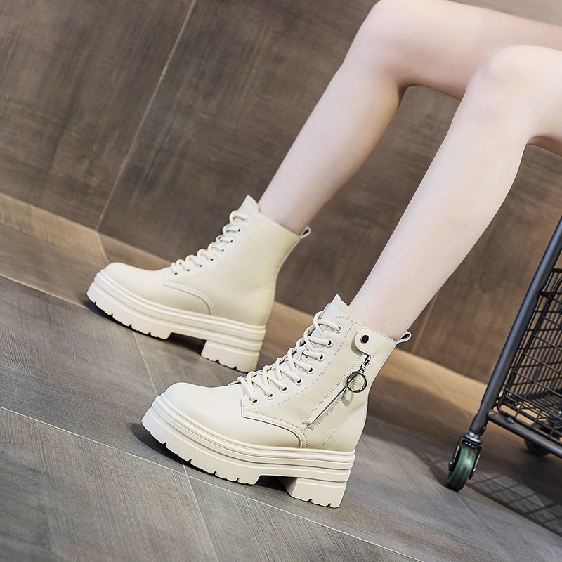 2023 autumn and winter new women's boots hidden height small thick bottom mid-calf versatile small boots British style Martin boots_voghion.com