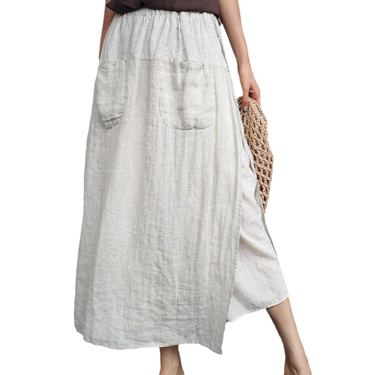 Linen large slit culottes one-piece women's spring and summer loose plus size casual cropped pants fake two-piece cotton linen wide-leg pants skirt
