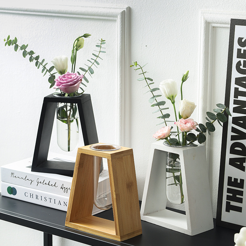 Hydroponic Vase Creative Retro Wooden Frame Small Fresh Living Room Office Simple Decorative Ornaments Desktop Green Rose Decoration