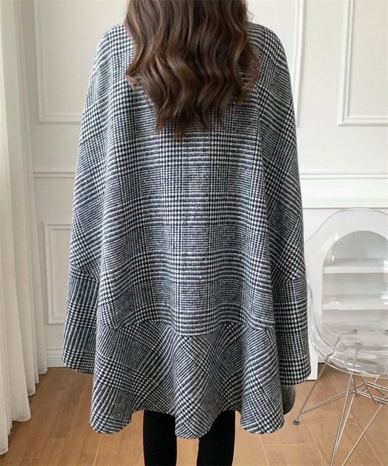 Mid-length cardigan round neck plaid coat cape for women 2024 autumn and winter New Korean style fashion trendy coat for women_voghion.com