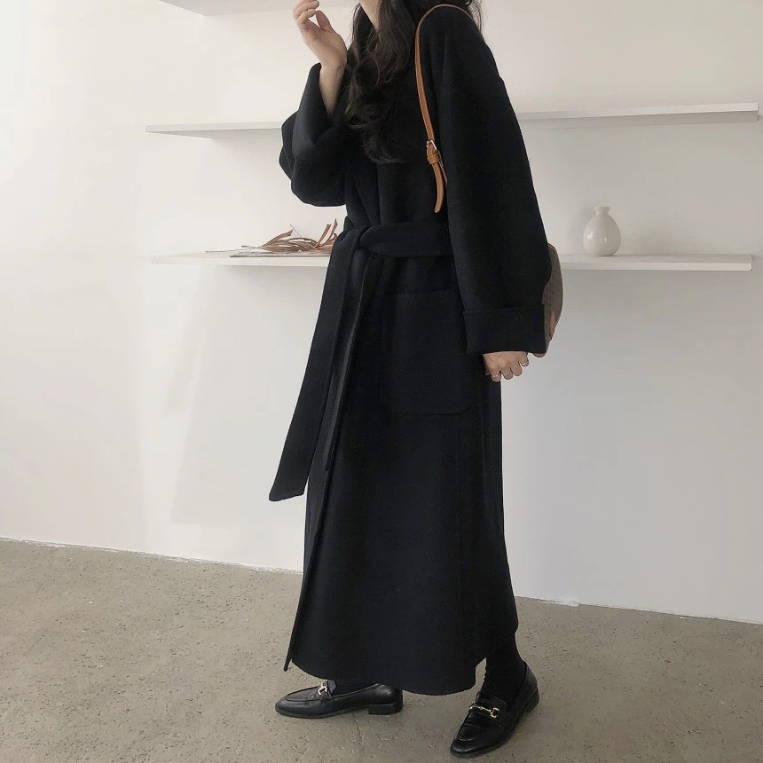 South Korea Dongdaemun 2023 autumn and winter New lace-up cashmere coat Women's Mid-length loose over-the-knee woolen coat_voghion.com