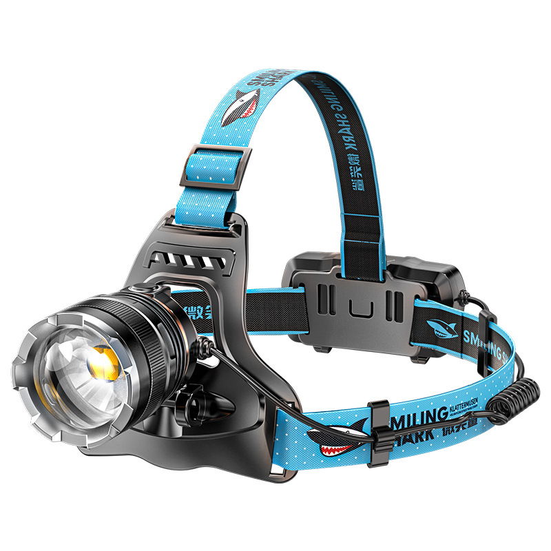 Smiling shark strong light induction headlight charging zoom aluminum alloy miner's lamp outdoor riding site operation head lamp