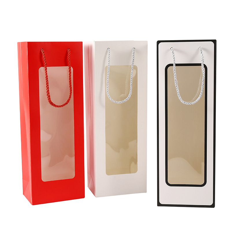 In stock discount red wine bag paper bag long handbag open window transparent PVC gift bag flower bouquet packaging bag