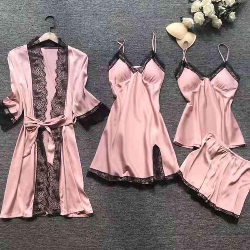 Pajamas 4-piece Set Women's Spring and Summer Sexy Ice Silk Korean Style Sling Nightgown Nightgown Set with Chest Pad Silk Home Clothes