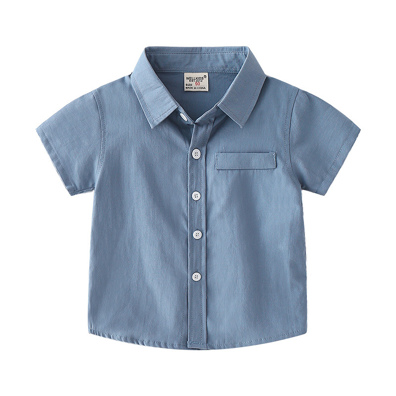 Summer New Small and Medium Boys Cotton Short-sleeved Shirt Monochrome Lapel Design Casual Fashion Children's Short-sleeved Shirt