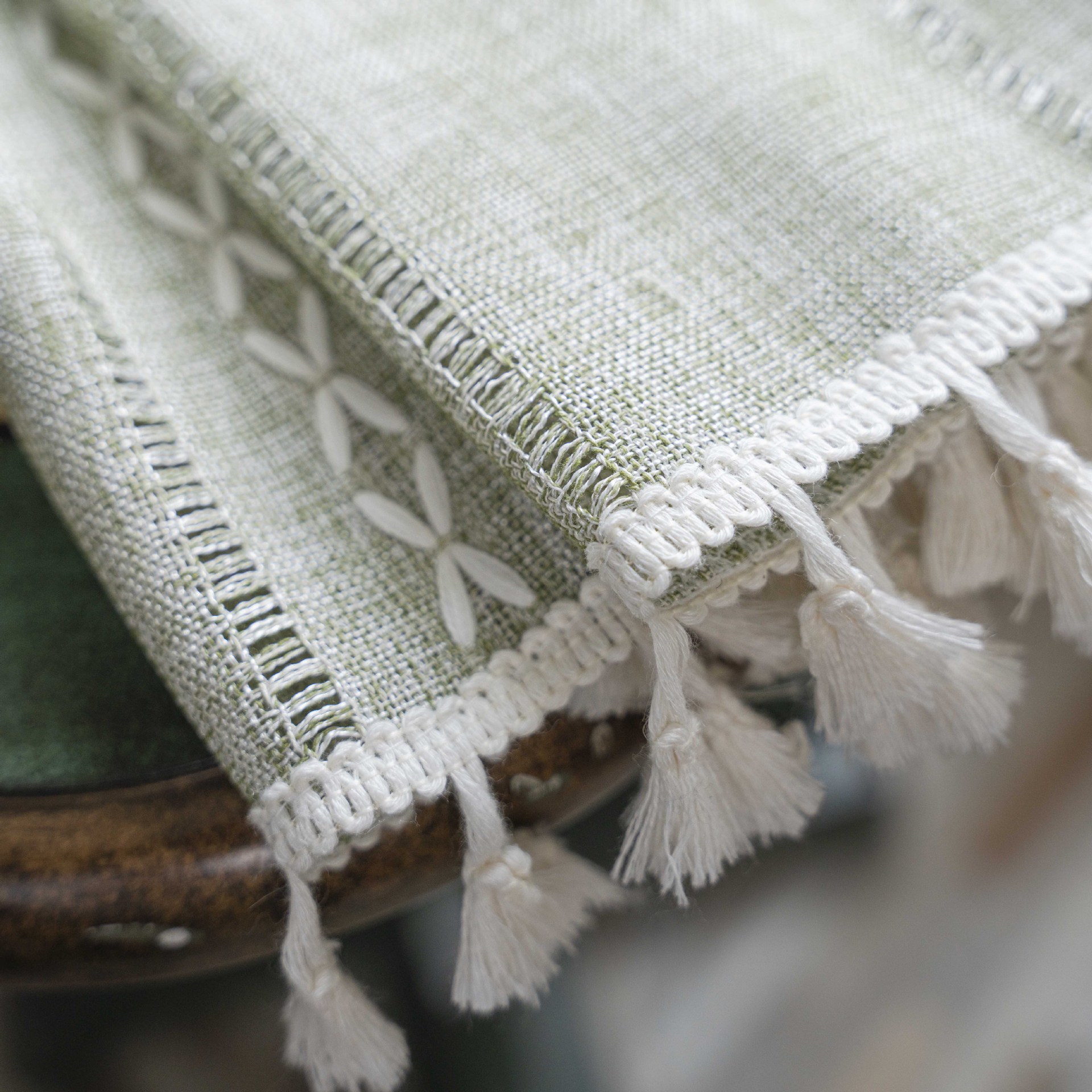 Cloth Dad Cross-border Amazon Curtain Finished Striped Embroidered Green Bedroom Curtain Country Style Semi-shading Bay Window