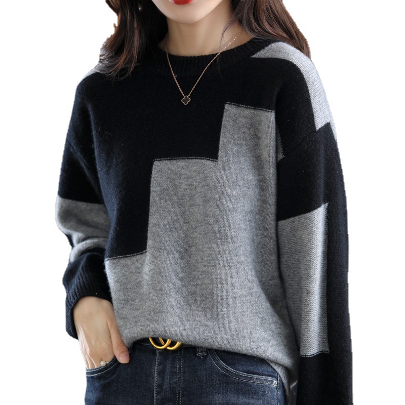 Women's 2023 New Autumn Colorblock Knitted Sweater Long-sleeved Top Loose Korean-style Base Colorblock Women's Sweater