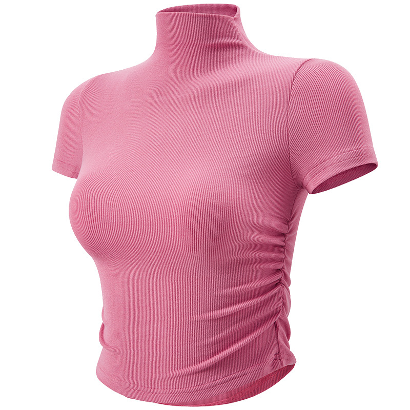 Cross-border Small High Neck Sports Top Women's Pleated Slim-fit Yoga Clothes Summer Thin Running Fitness Short-sleeved T-shirt