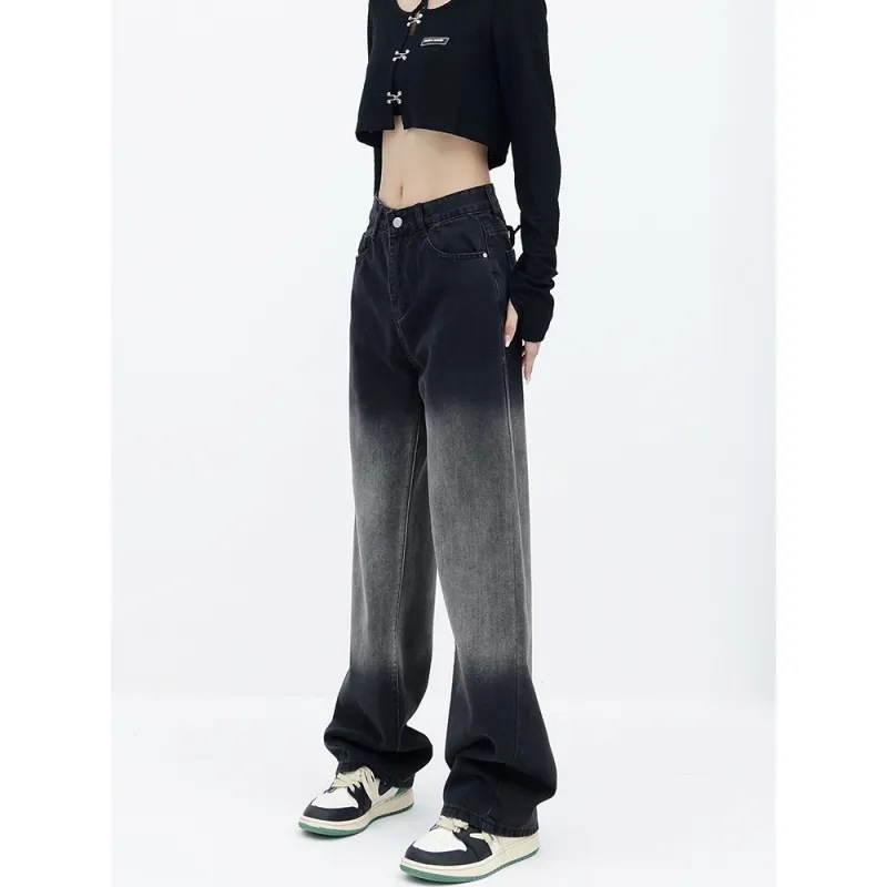 Women's Large Size Black Wash Water Gradient Straight Jeans Women's Autumn Trendy ins High Waist Slimming Wide Leg Pants