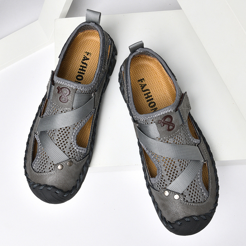 2021 New Summer Mesh Toe Leather Sandals Men's Breathable Korean Style Leg Cowhide Leather Beach Shoes Amazon Trendy