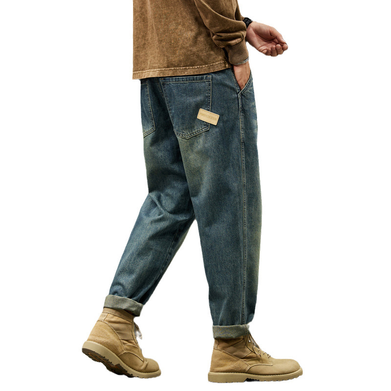 Four Seasons youth jeans men's fashion brand all-match 2024 New loose straight harem casual long pants men's clothing