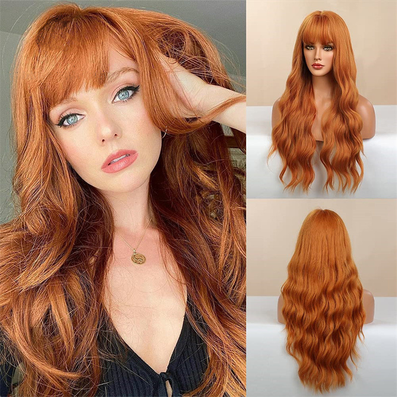 Tiktok Foreign Trade Big Wave Wig Women's Orange Air Bangs Long Curly Hair Face Repair Chemical Fiber Headgear Primary Source