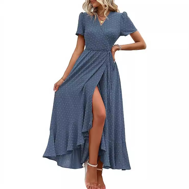 Women's summer wrap casual bohemian floral V-neck short sleeve pleated hem split Beach maxi dress