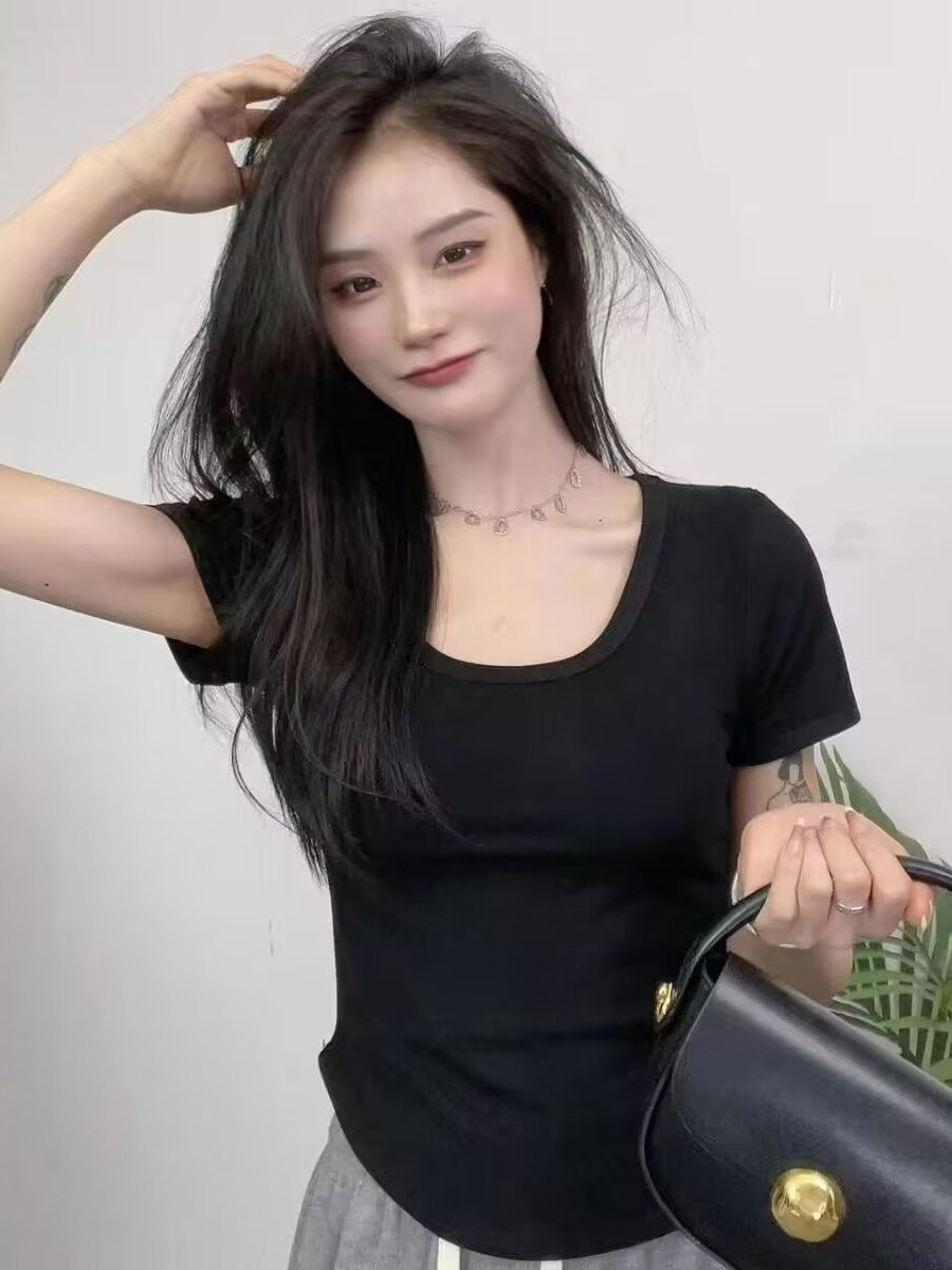 Thread Cotton Spice Girls Pure Desire Short-sleeved T-shirt Women's 2023 Summer New Slim-fit Slimming Base Shirt Elegant Top