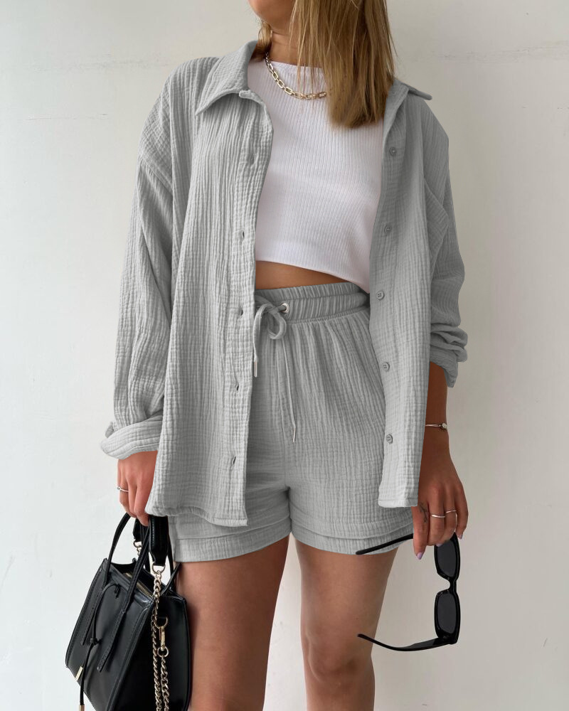 2023  European and American Women's Wrinkled Lapel Long Sleeve Shirt High Waist Drawstring Shorts Fashion Casual Two-Piece Set_voghion.com