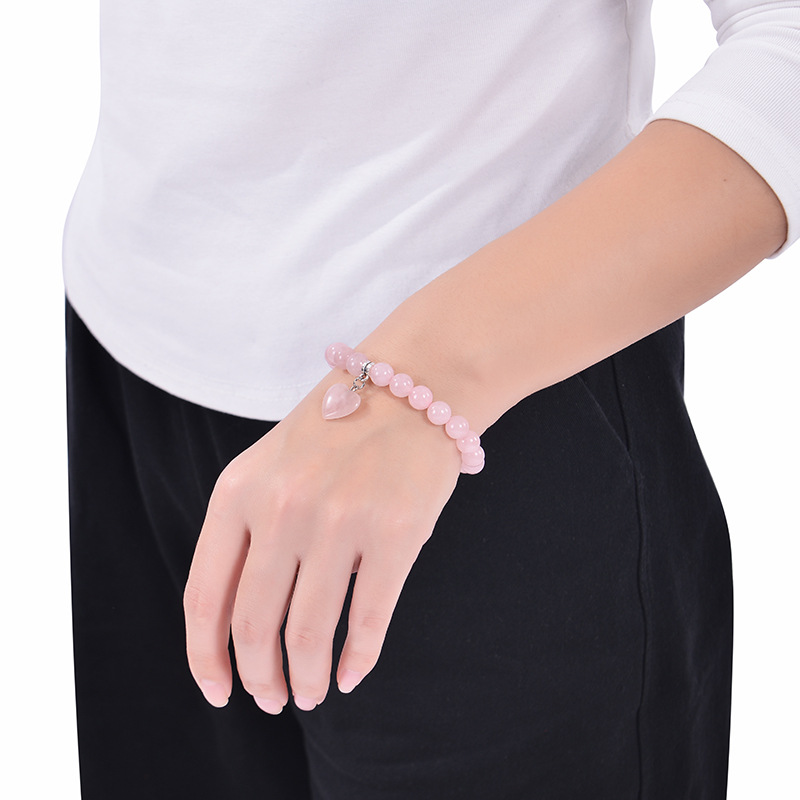 European and American fashion natural pink crystal bracelet peach heart pendant bracelet women's natural stone beaded elastic rope bracelet