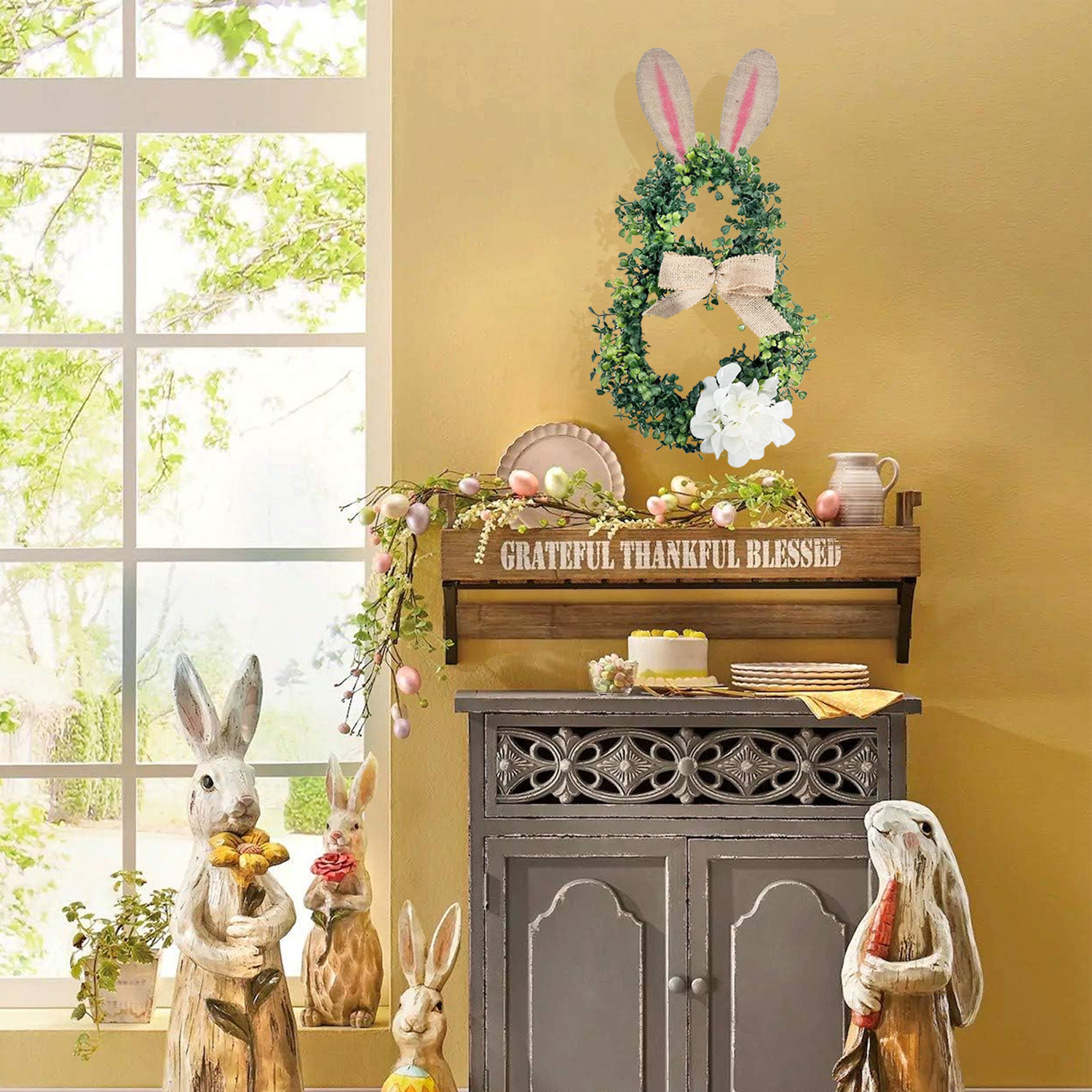 Meimei 2024 new cross-border Easter rabbit Garland front door hanging home decoration Photography simulation green plant