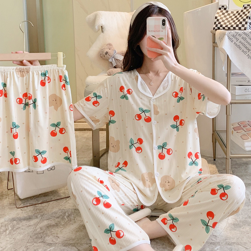 Pajamas Women's Summer Short-sleeved Pants Three-piece Set Cartoon Bear Pull Edge Loose Pit Milk Silk Foreign Trade Live Broadcast Set