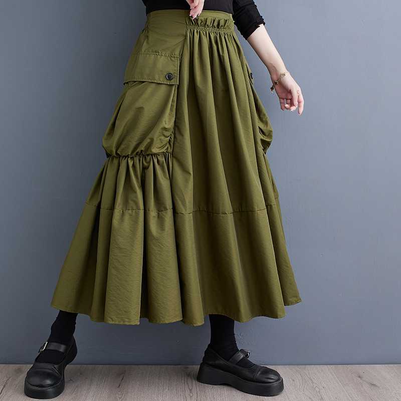 2023 Autumn New Korean style plus size loose slimming workwear large pocket large hem high waist pleated skirt