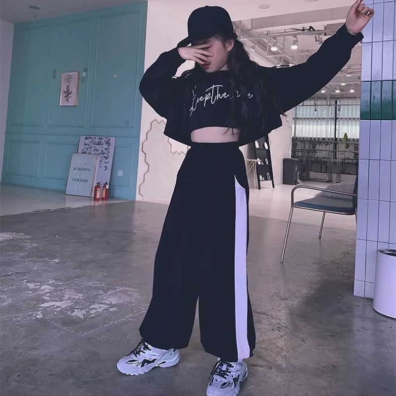 Girls' long-sleeved spring and autumn clothing new medium and large children's T-shirt children's high waist short sweater jazz dance navel clothing parent-child
