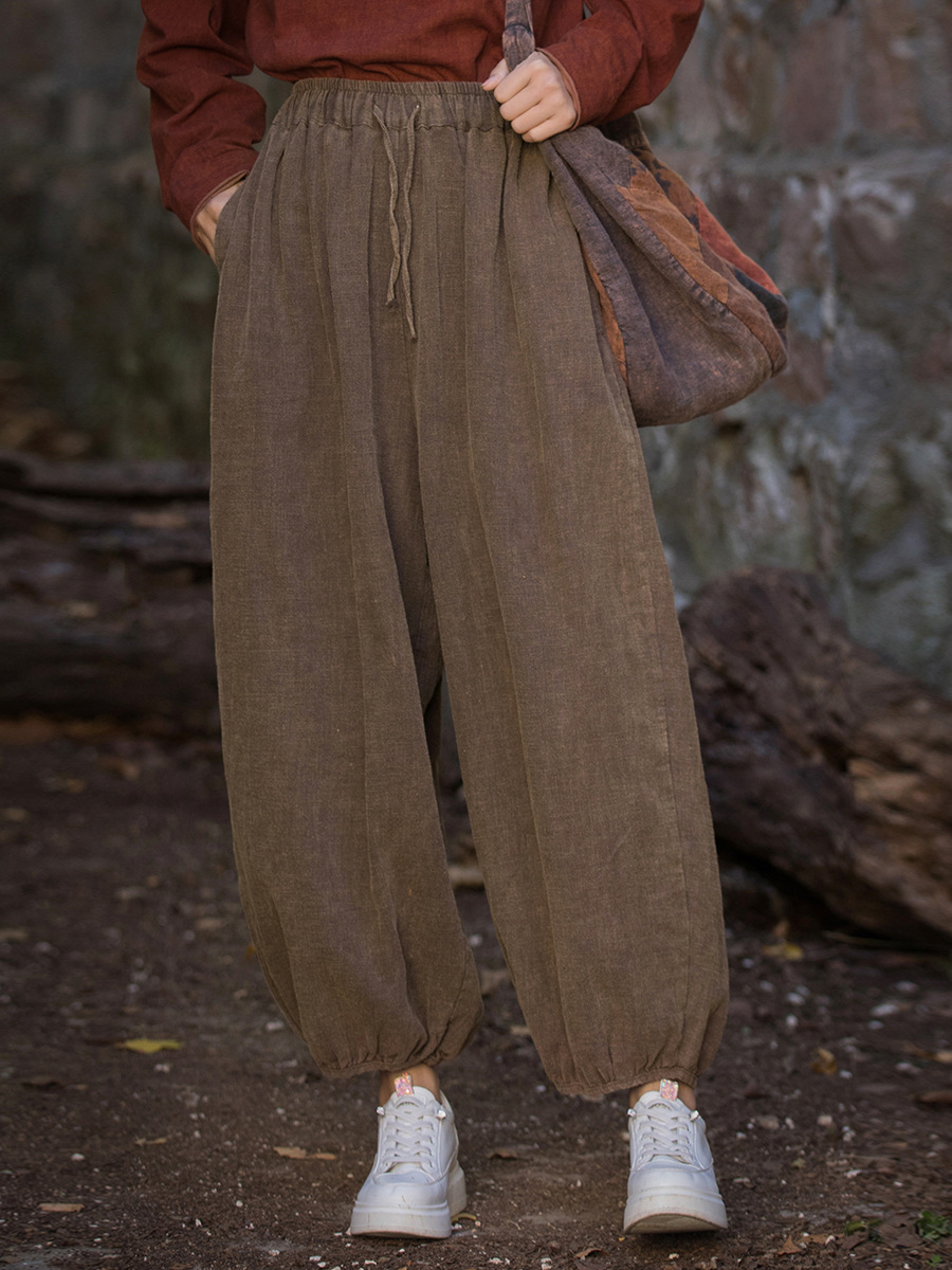 Ramie fried color distressed 24 spring and summer new cotton and linen women's clothing artistic loose radish pants women's cropped pants bloomers