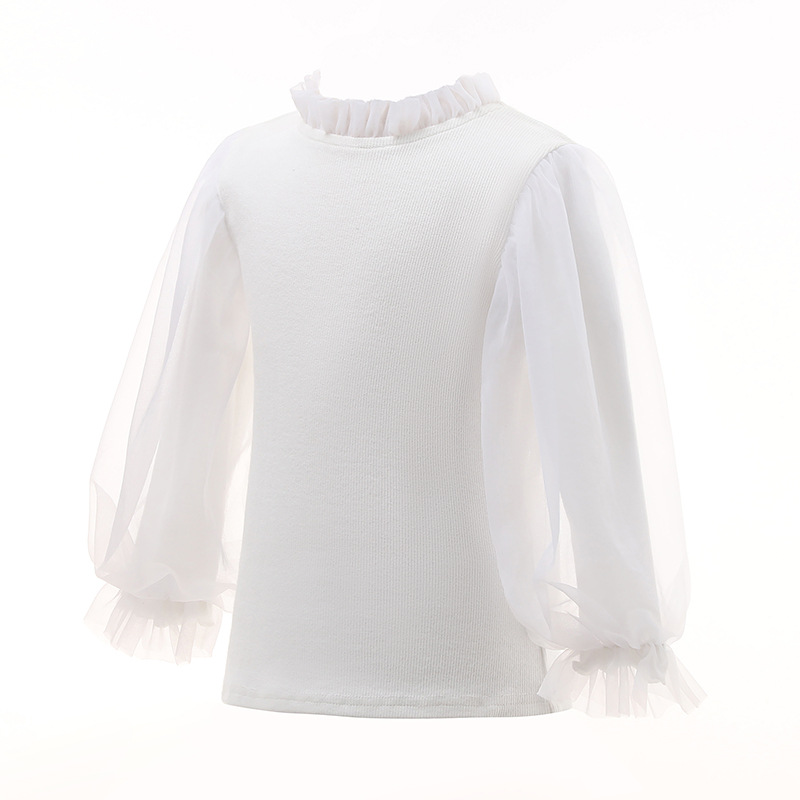 Bubble Sleeve Cotton White Base Shirt Autumn and Winter Sweater Women's Children's Wear Baby's Western Style Children's Long Sleeve Half High Collar