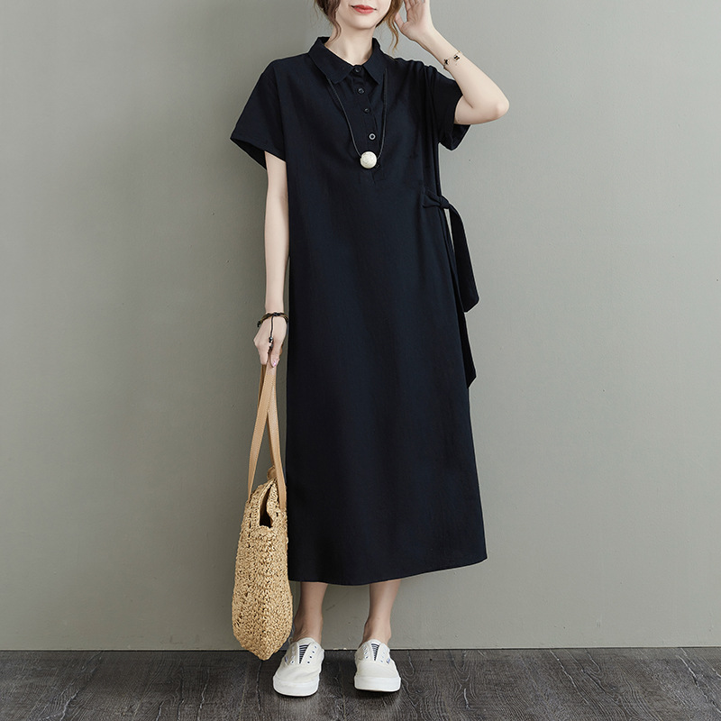 Cross-border New Japanese Solid Color Cotton and Linen Lapel Short-sleeve Loose Pocket Women's Casual Dress