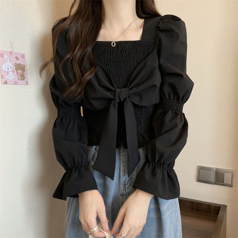2024 New French style niche short long sleeve shirt design slim fit slimming bow bottoming shirt top for women