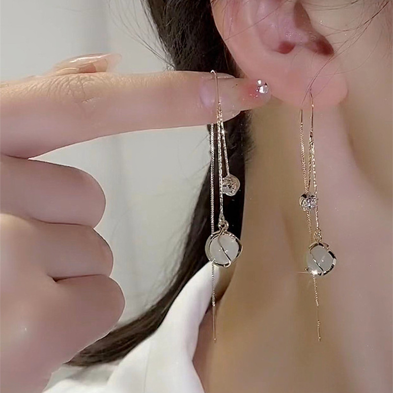 時尚貓眼石流蘇耳線超仙長款圓臉耳環2022年新款氣質輕奢小眾耳飾