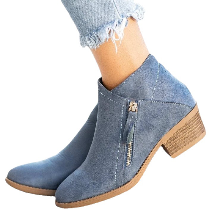 Independent station wish foreign trade women's shoes New thick heel large size cold sticky large women's boots Martin boots flat bottom side zipper boots