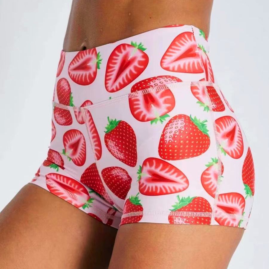 New cross-border European and American foreign trade printed fruit shorts high waist hip lifting sports fitness running yoga three-point pants for women