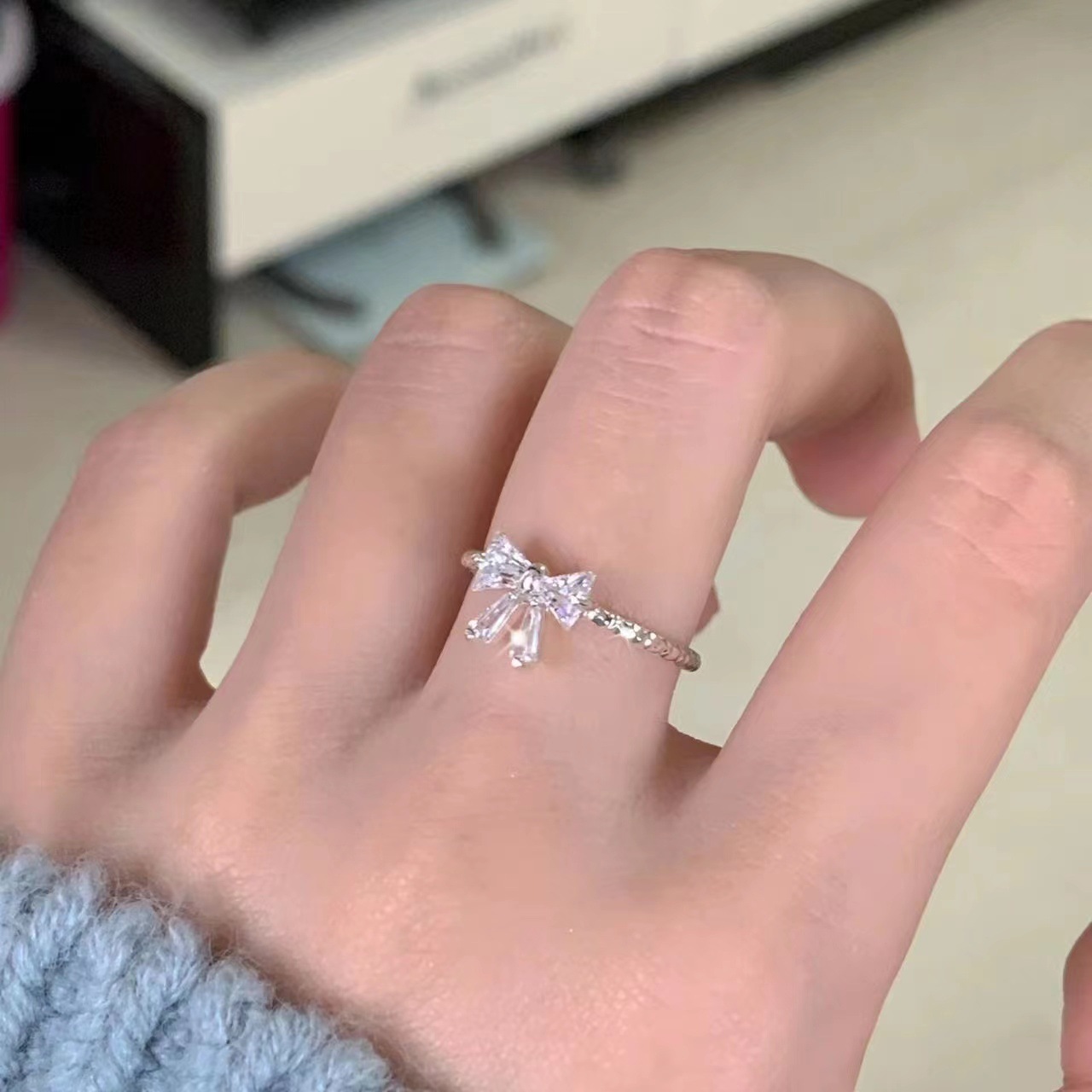 "Time Princess" ragazza cuore tutto-fiammifero dolce temperamento fiocco argento anello aperto anello regolabile_voghion.com