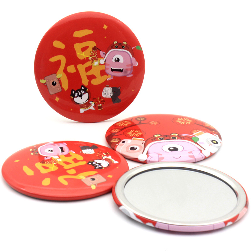 Practical promotional small gift mirror color printing round mirror tinplate mirror to figure printing mirror with key