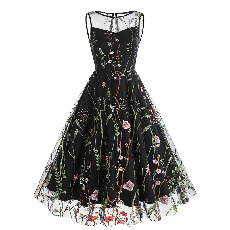 Amazon Europe and the United States cross-border round neck sleeveless heavy embroidery dress 50s dress 8065