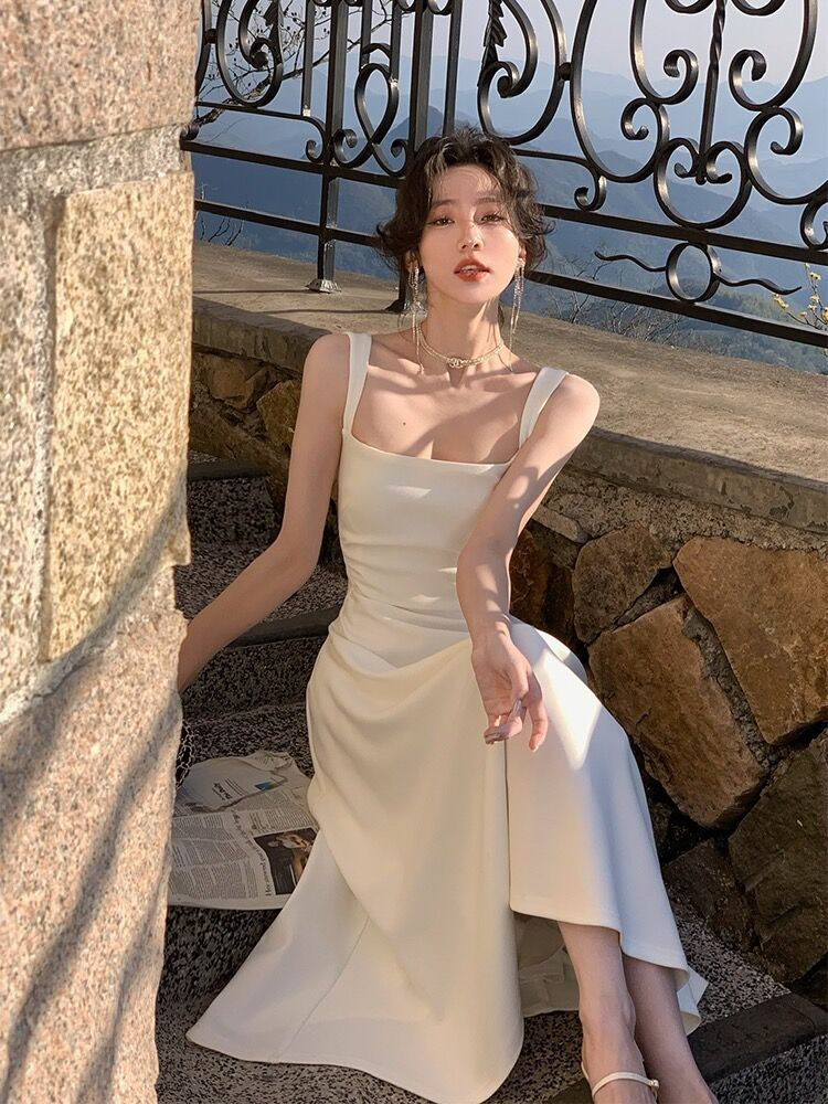 Fashion Trend White Sling Dress Women's 2024 New A- line French Waist Niche Design Long Dress