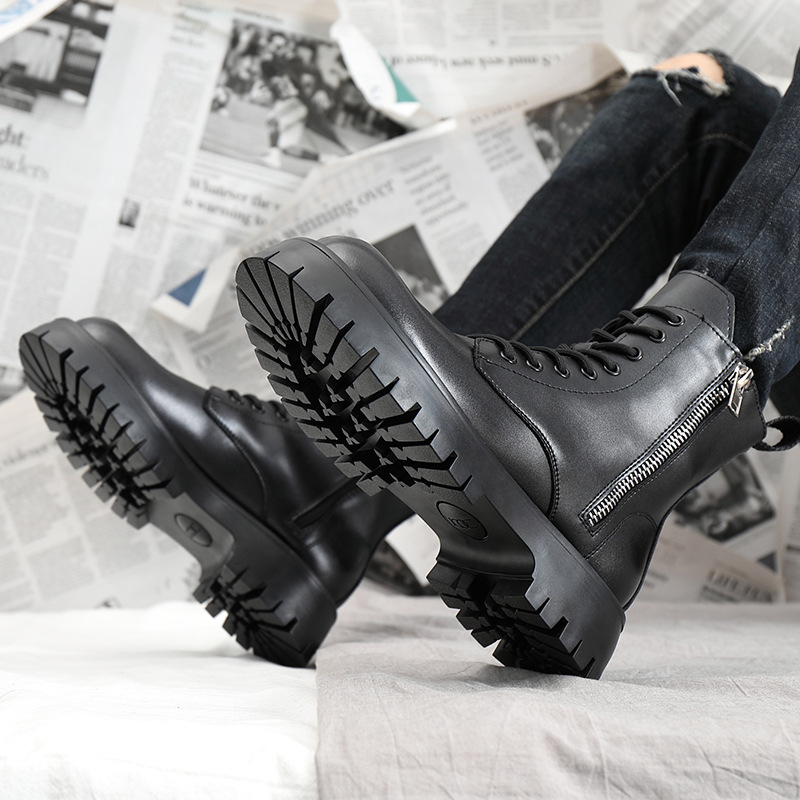 Trendy Brand Soft Leather Martin Boots Men's High-top British-style Mid-top Leather Shoes Men's Boots Winter Thick-soled fleece-lined Warm Cotton Shoes