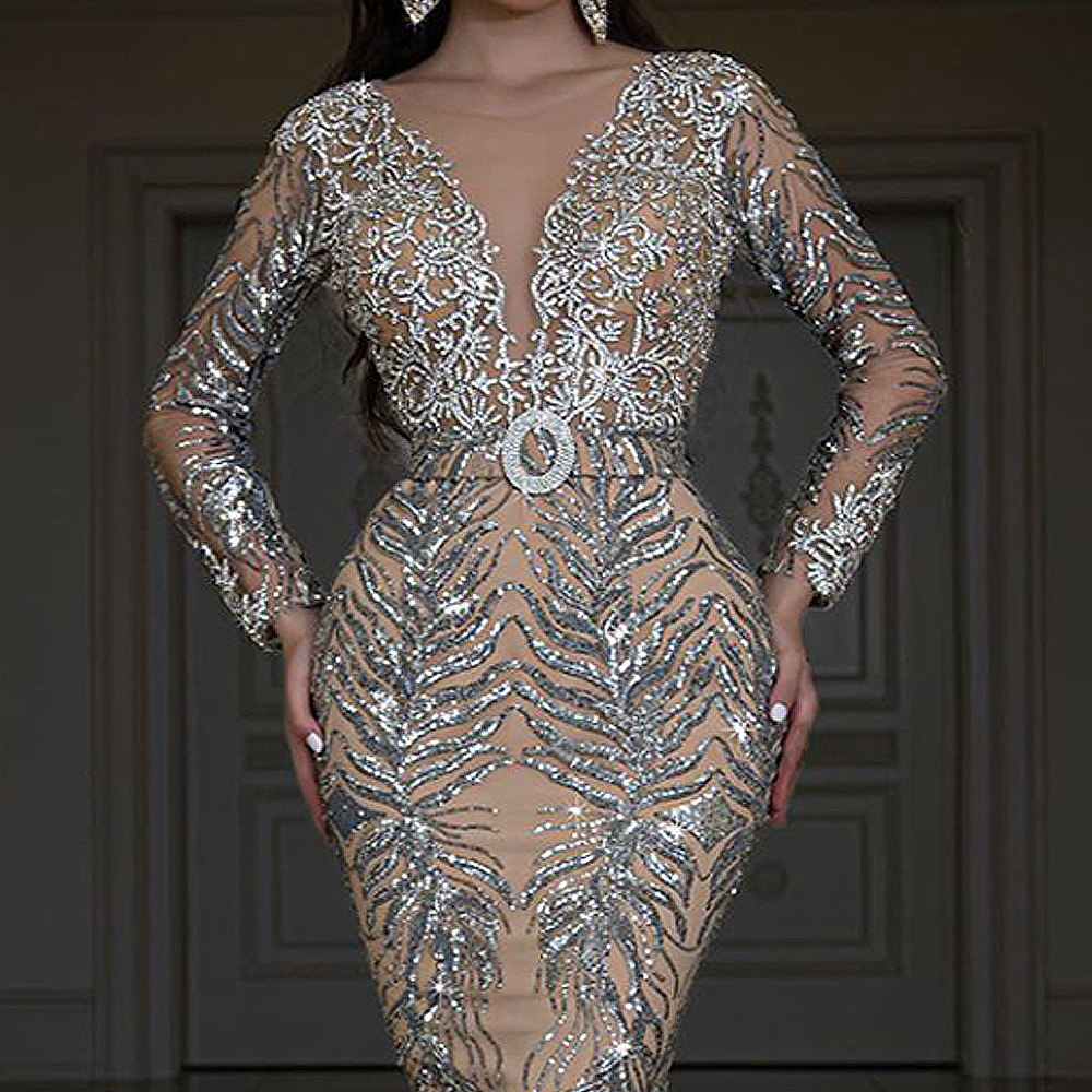 Spring 2023 New European and American Foreign Trade Women's Cross-border New Bronzing Long-sleeved Slim-fit Hip Sexy Long Dress Evening Dress